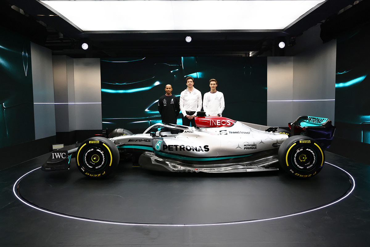 Présentation de la Mercedes W13,  challenger de Mercedes-AMG Petronas F1 Team pour 2022.