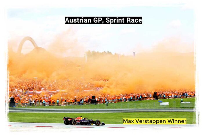 Max Verstappen vainqueur du Sprint devant les Ferrari qui passaient leur temps à se bagarrer entre elles, au Red Bull Ring
